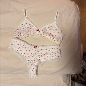 Brandy Melville White Bralette & Bikini Set with Red Floral Bows